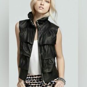 Diane Von Furstenberg Genuine Leather Black Cupcake Bomber Vest Ruffle Size S